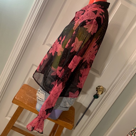Vintage Black and Pink Floral Connie Choi Sheer Blouse - Picture 11 of 16
